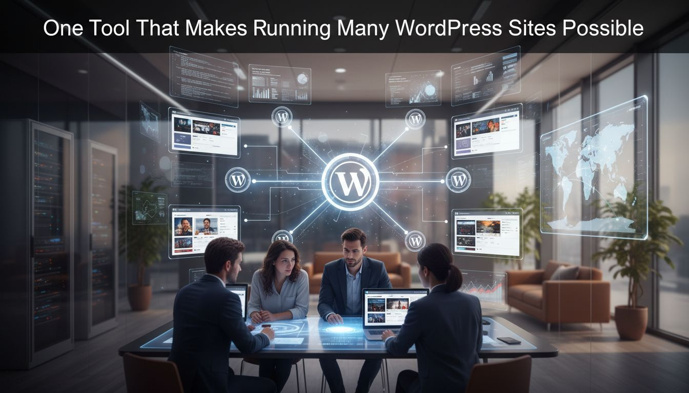A focused setup desk with a single dashboard managing several WordPress sites across screens