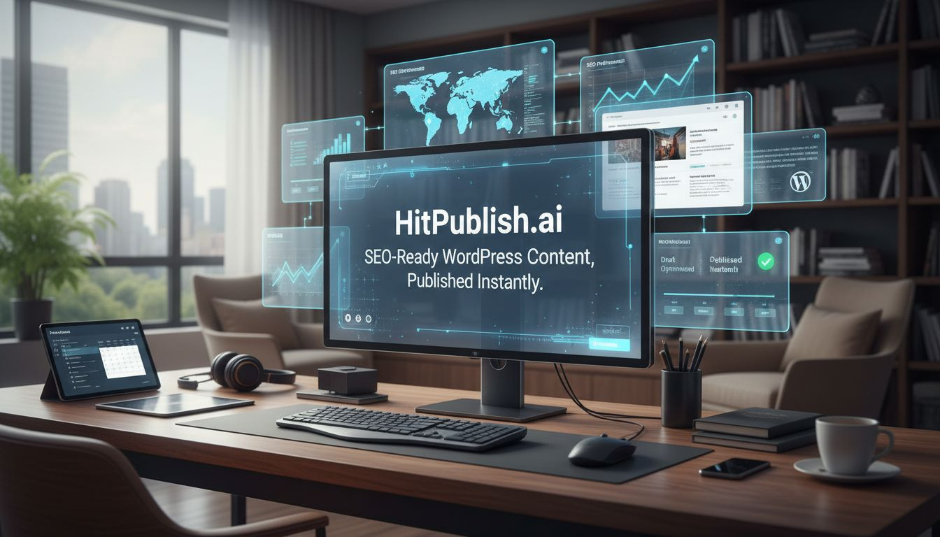 A publisher's desk with a laptop showing AI-generated article draft, a WordPress icon on the screen, and a checklist for SEO