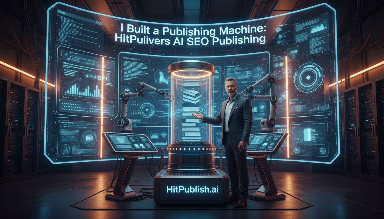 A professional workspace showing AI-powered publishing workflow with WordPress integration and data-driven SEO metrics