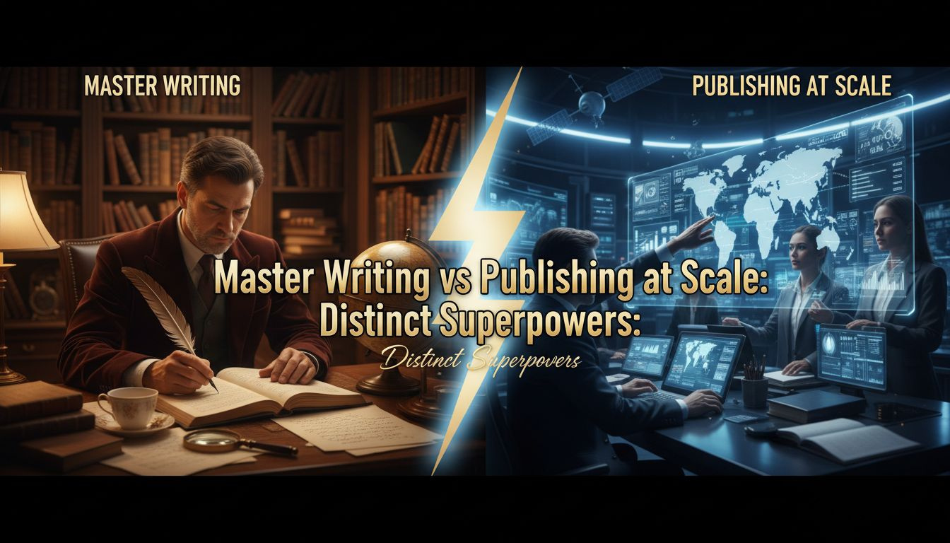 Conceptual illustration of turning well-crafted writing into scalable publishing systems for lasting ROI