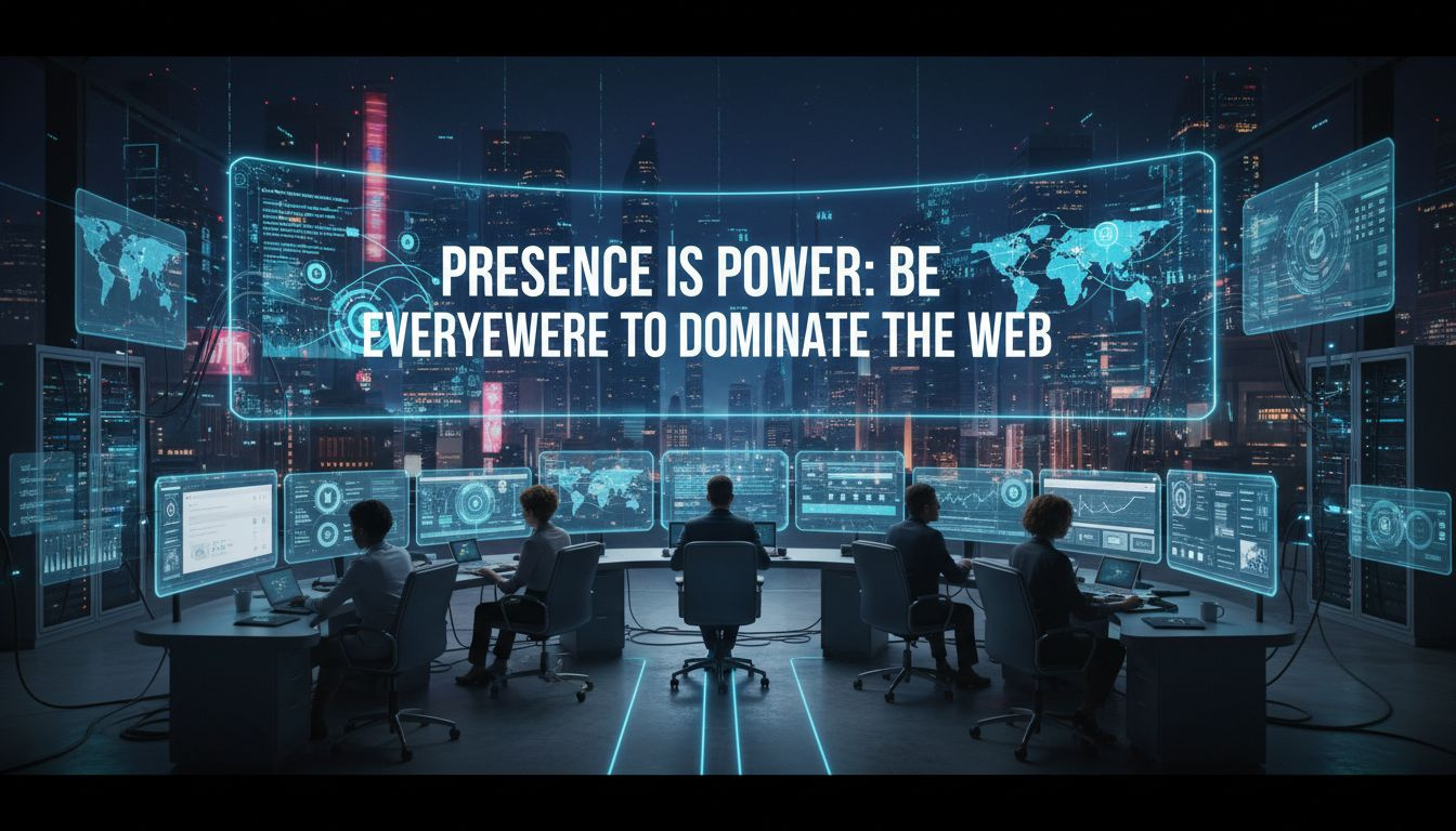 Digital presence across platforms shown as interconnected nodes forming a wide-reaching web